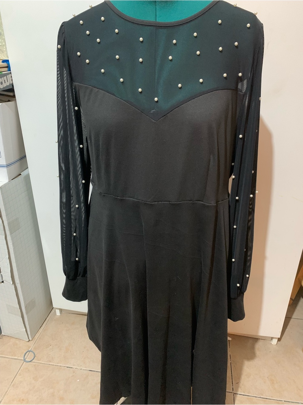 Black Pearl-Embellished Long Sleeve Dress
